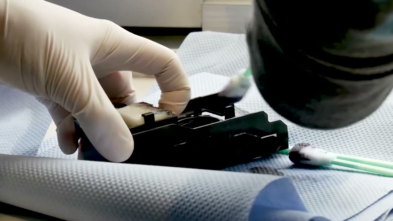 Techniker reinigt einen Druckkopf in der Werkstatt